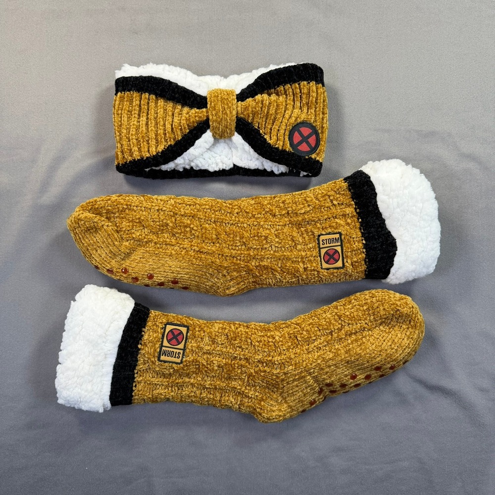 Marvel X-Men Storm Women Yellow Chenille Slipper Socks Headband Set Loungewear
